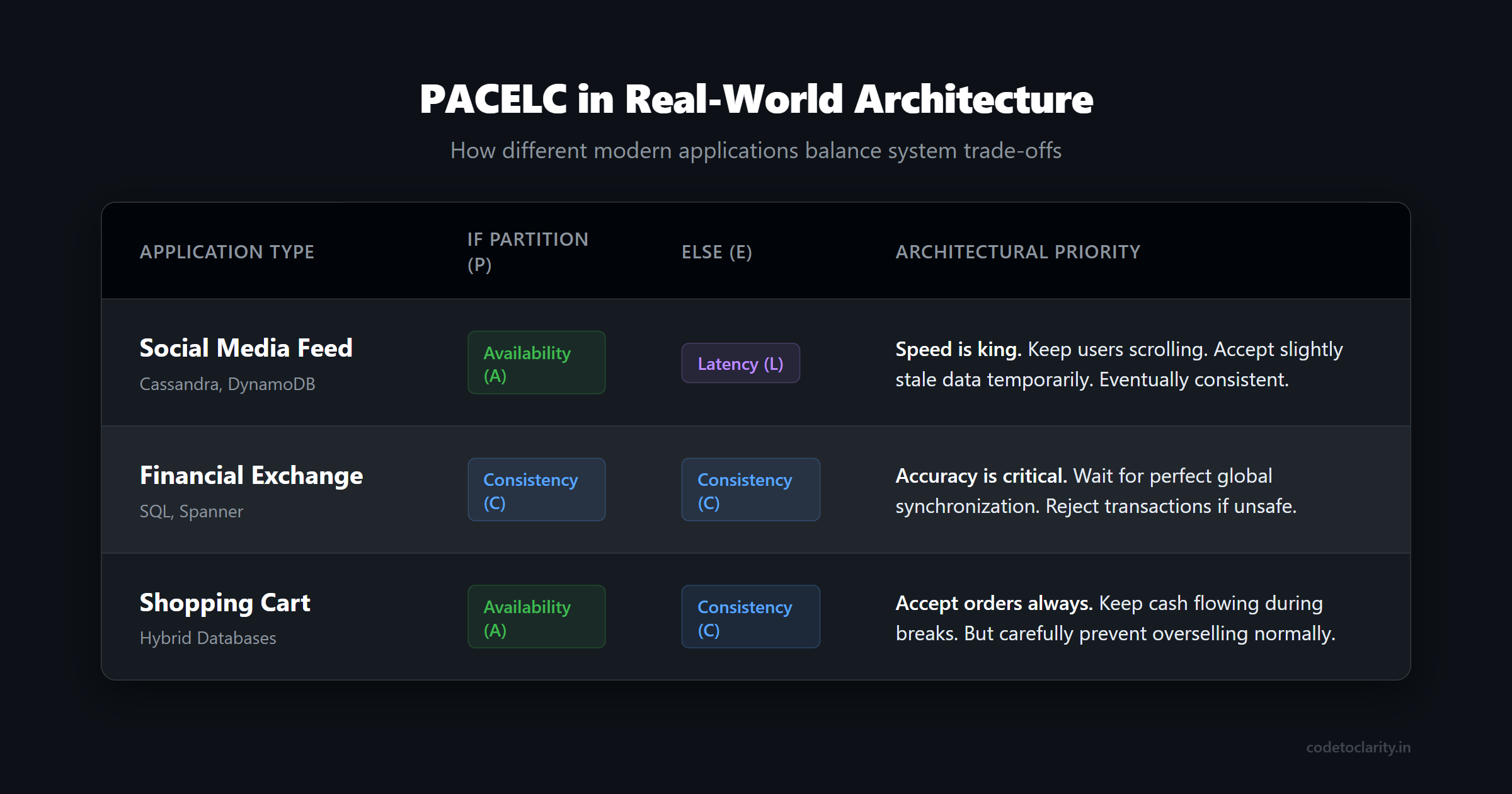 Comparison of real world PACELC architectures covering social media banking and retail
